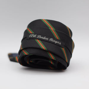 Holliday &amp; Brown 100% Jacquard Silk Tipped "12th London Rangers" Regimental Tie Black, Green and Orange Stripes Handmade in Italy 8 cm x 148 cm