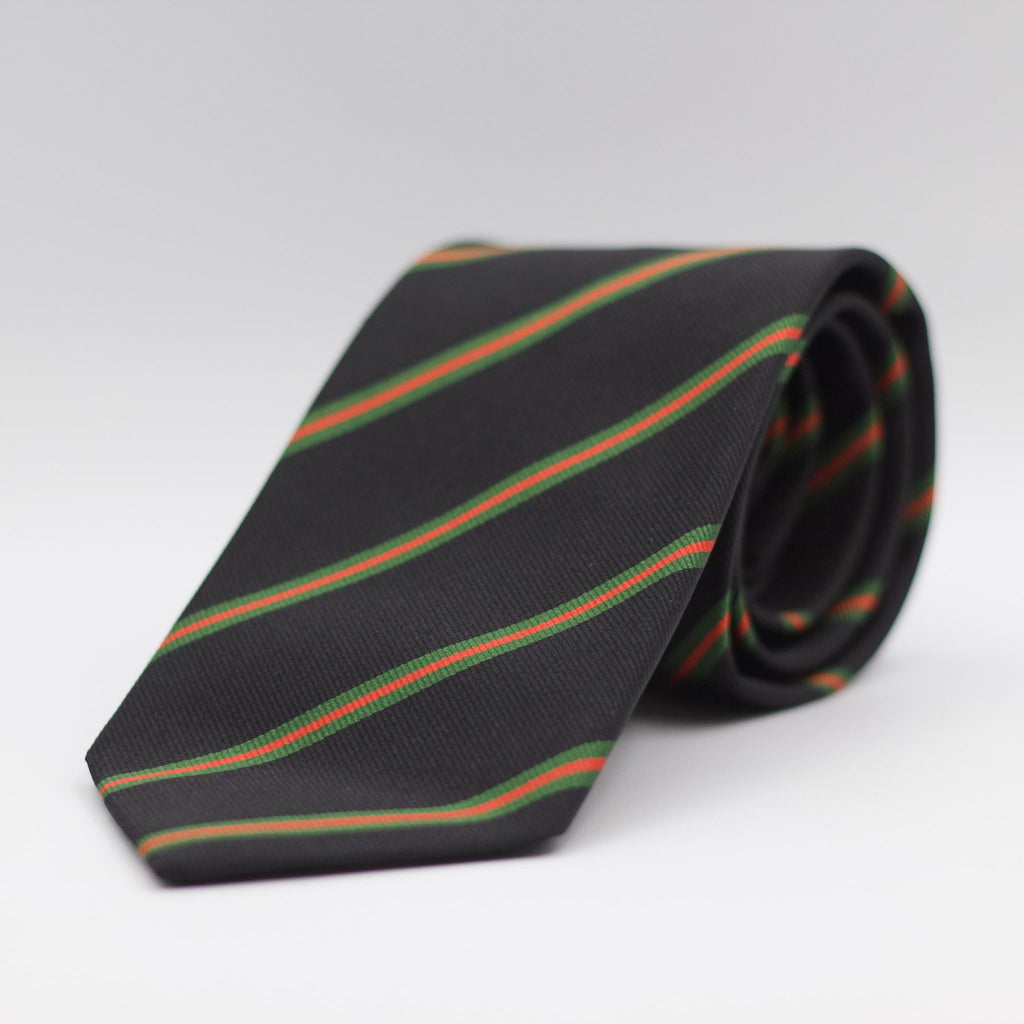 Holliday &amp; Brown 100% Jacquard Silk Tipped "12th London Rangers" Regimental Tie Black, Green and Orange Stripes Handmade in Italy 8 cm x 148 cm