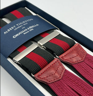 Albert Thurston for Cruciani & Bella Made in England Adjustable Sizing 35 mm Elastic Braces Green and Red Stripe Braces Braid ends Y-Shaped Nickel Fittings Size: L