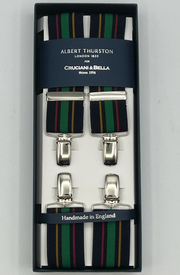 Albert Thurston for Cruciani & Bella Made in England Clip on Adjustable Sizing 35 mm elastic braces Blue, Green,Red and Ocra Stripes X-Shaped Nickel Fittings Size: XL