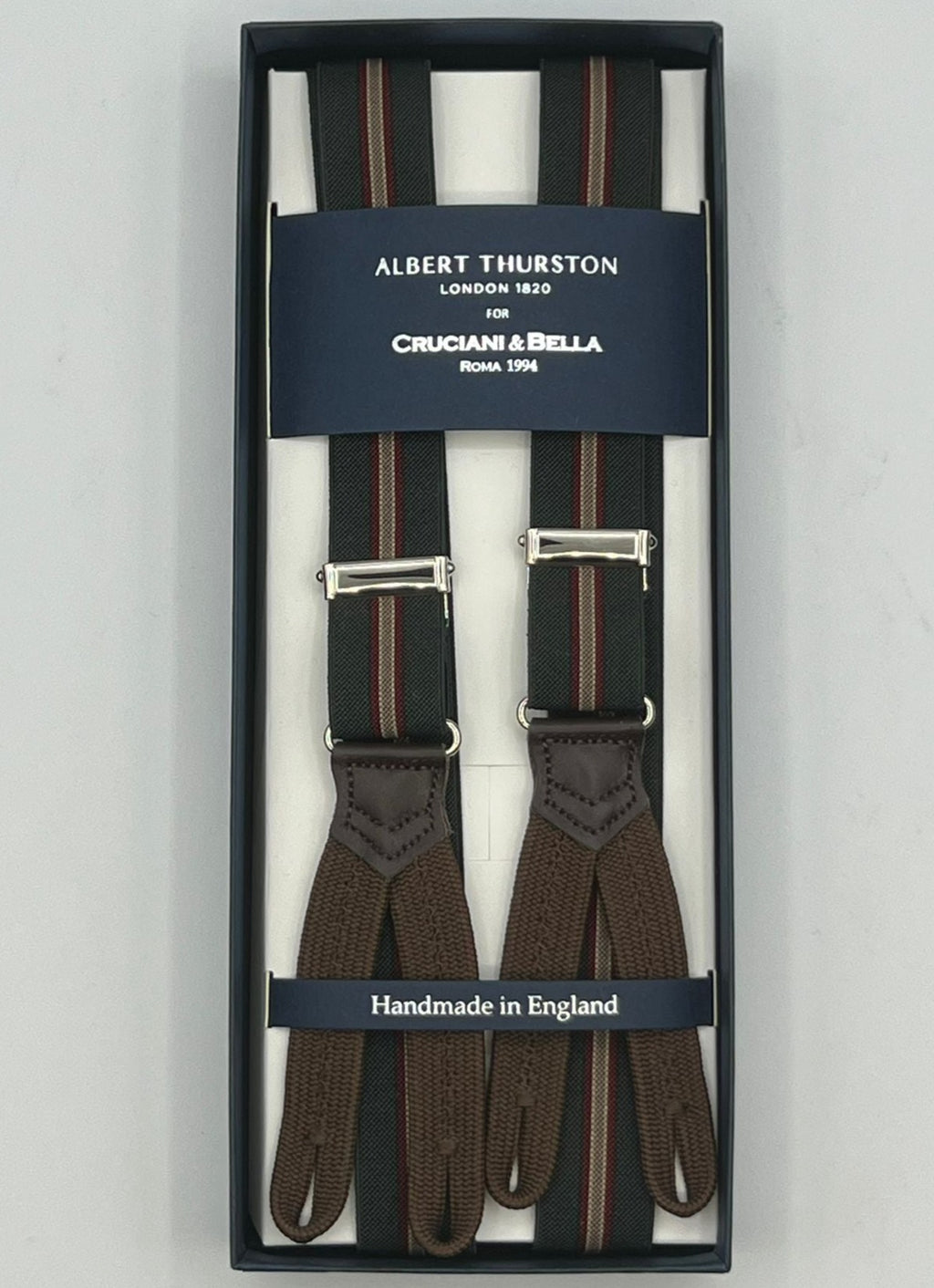 Albert Thurston for Cruciani & Bella Made in England Adjustable Sizing 25 mm elastic braces Dark Military Green, Red and Beige Stripes  Braid ends Y-Shaped Nickel  Fittings Size: XL