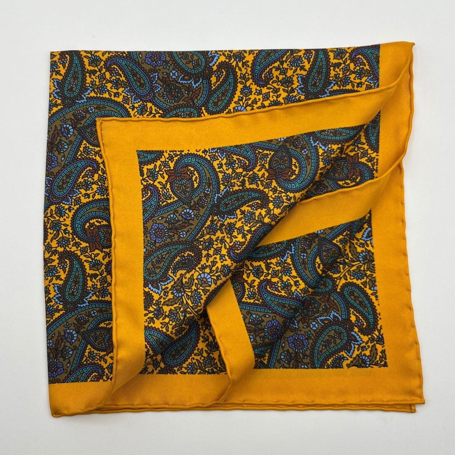 Cruciani & Bella - Silk - Yellow, Brown, Green Paisley Motif Pocket Square