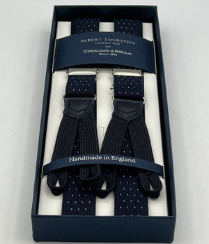 Albert Thurston for Cruciani & Bella Made in England Adjustable Sizing 25 mm elastic braces Blue and White Dots Braid ends Y-Shaped Nickel Fittings Size: XL