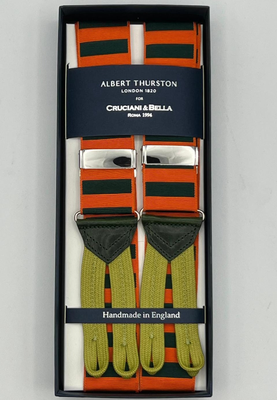 Albert Thurston for Cruciani & Bella Made in England Adjustable Sizing 40 mm Woven Barathea  Orange and Green horizontal Stripes Braces Braid ends Y-Shaped Nickel Fittings Size: XL