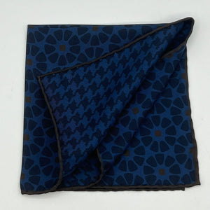 Holliday & Brown Hand-rolled   Holliday & Brown for Cruciani & Bella 100% Silk Blue, Brown Double Faces Patterned  Motif  Pocket Square Handmade in Italy 32 cm X 32 cm