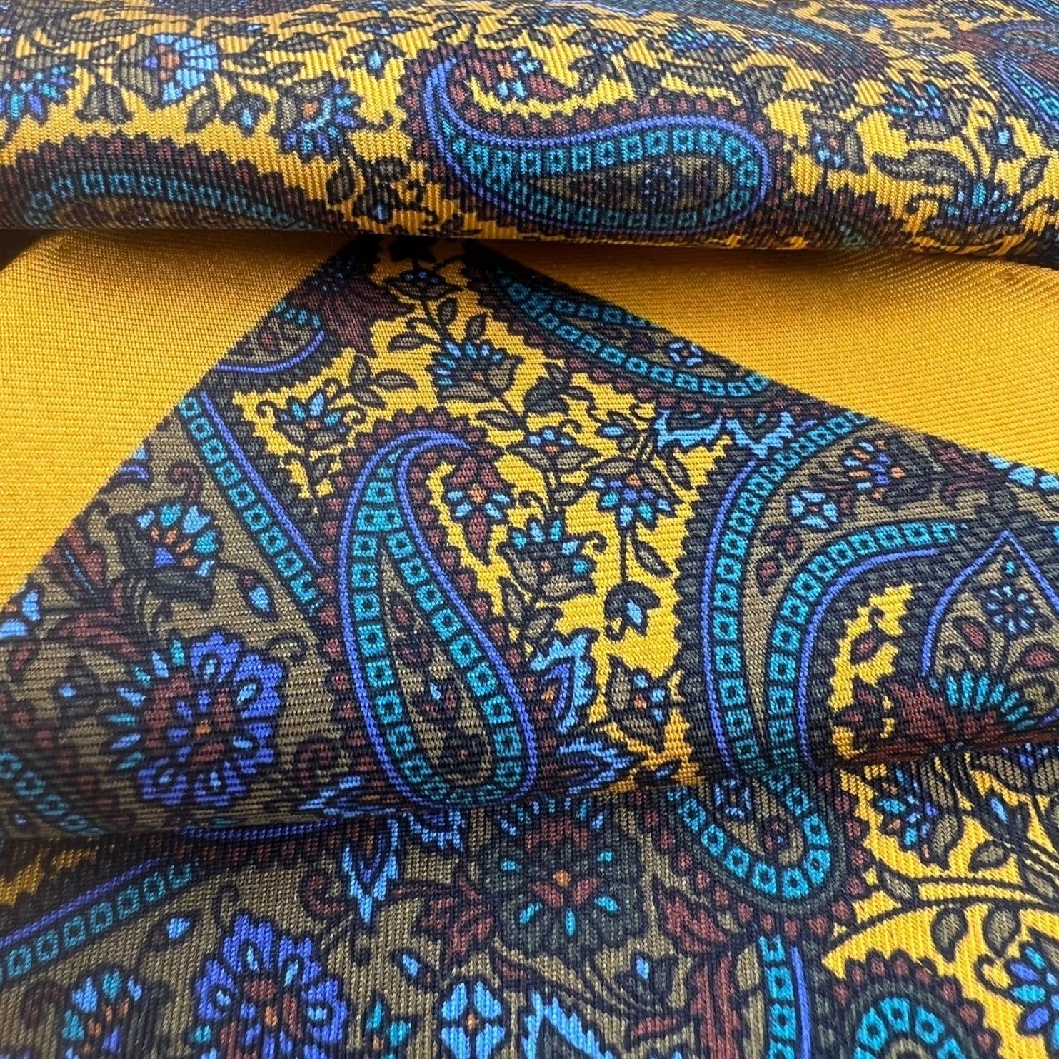 Cruciani & Bella - Silk - Yellow, Brown, Green Paisley Motif Pocket Square