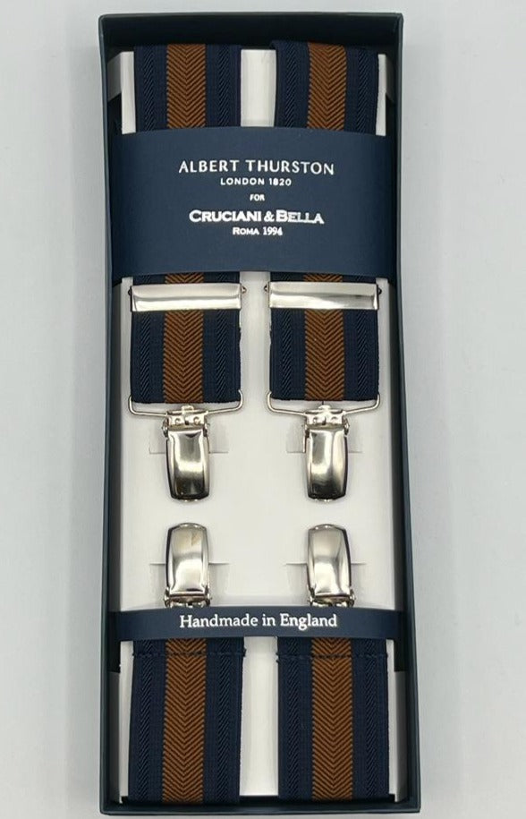 Albert Thurston for Cruciani & Bella Made in England Clip on Adjustable Sizing 35 mm elastic braces Blue, Brown X-Shaped Nickel Fittings Size: XL