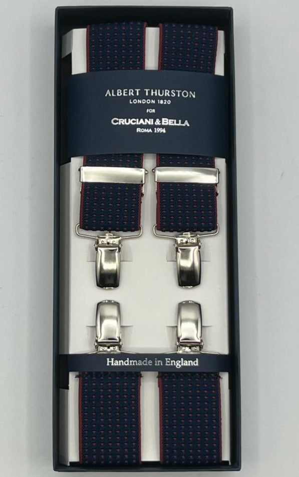 Albert Thurston for Cruciani & Bella Made in England Clip on Adjustable Sizing 35 mm elastic braces Blue, Rust Dots X-Shaped Nickel Fittings Size: XL