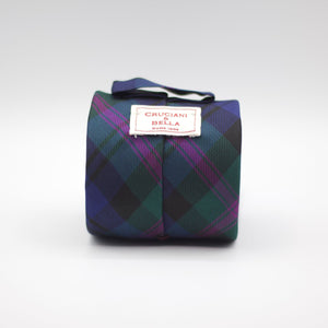 Cruciani &amp; Bella 100% Woven Jacquard Silk Self Tipped Blue, Green and Purple Tartan Tie Handmade in Italy 8 cm x 150 cm