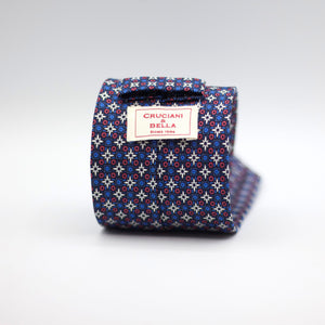 Cruciani &amp; Bella 100% Printed Silk Self-Tipped Blue, White, Red and Light Blue Motif Tie Handmade in Rome, Italy. 8 cm x 150 cm