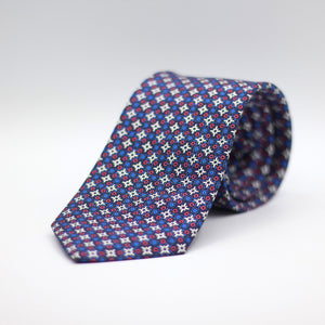 Cruciani &amp; Bella 100% Printed Silk Self-Tipped Blue, White, Red and Light Blue Motif Tie Handmade in Rome, Italy. 8 cm x 150 cm