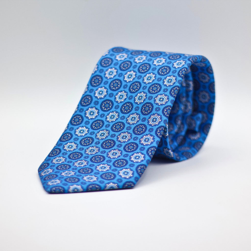 Cruciani &amp; Bella 100% Printed Silk Self-Tipped Blue, White and Light Blue Motif Tie Handmade in Rome, Italy. 8 cm x 150 cm