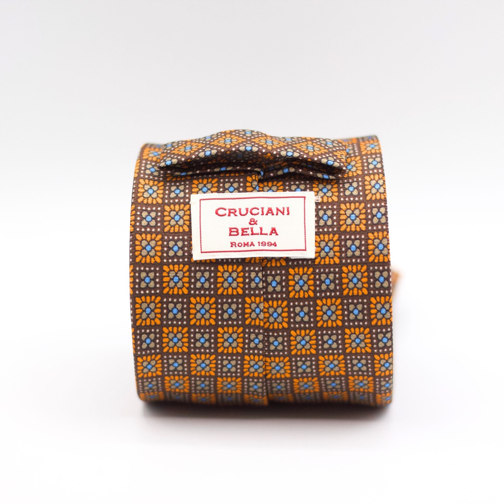 Cruciani & Bella 100% Silk Printed Self-Tipped Brown and Orange, Beige and Baby Blue Motif Tie Handmade in Rome, Italy. 8 cm x 150 cm