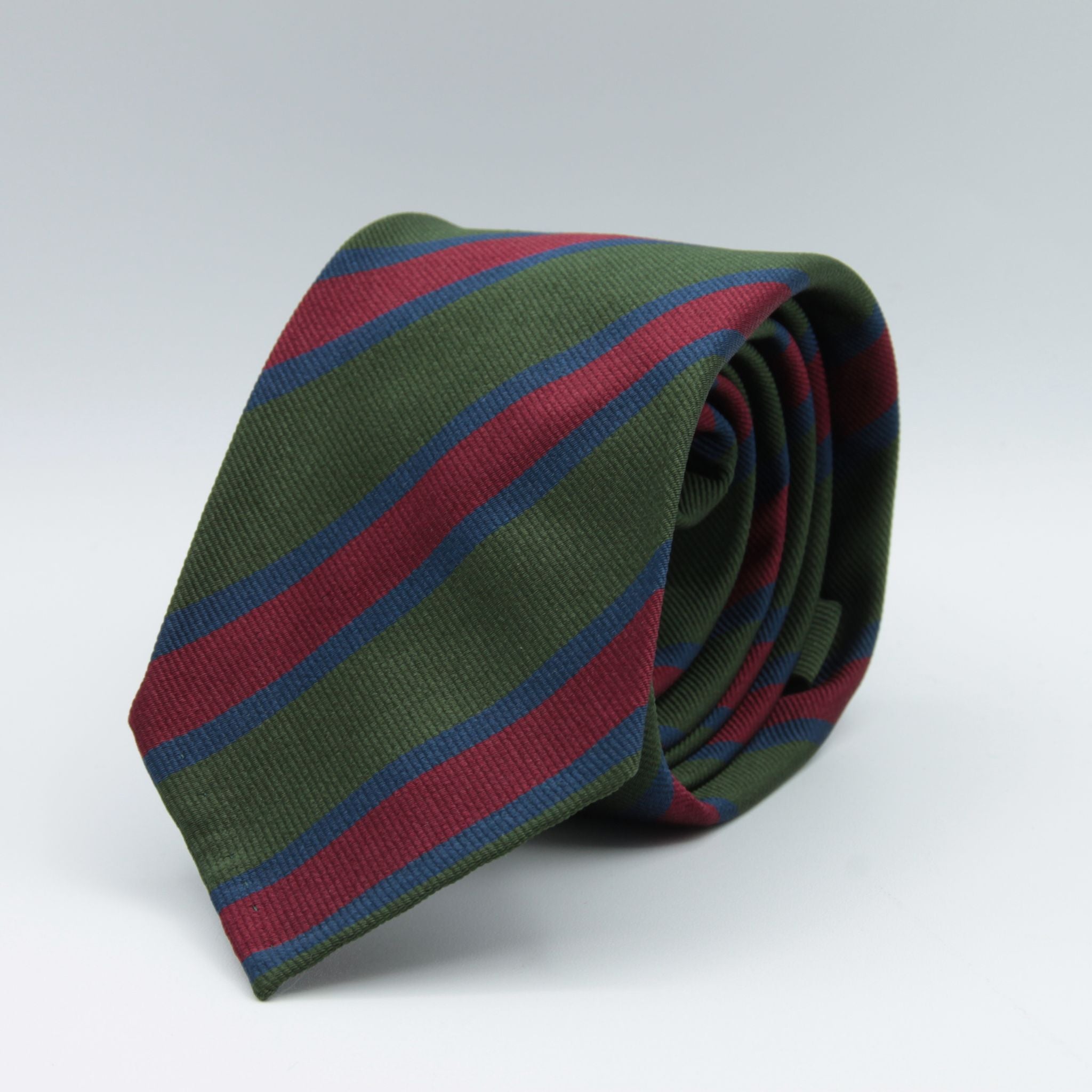 Cruciani & Bella 100% Silk Slim Shape Jacquard  Unlined Regimental "City of London" Green, Blue and Red stripes tie Handmade in Italy 8 cm x 150 cm #7706