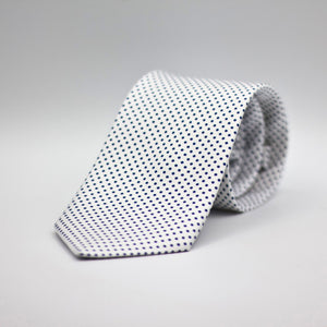 Cruciani &amp; Bella 100% Printed Silk Self-Tipped White, Dark Blue Pindots Tie&nbsp; Handmade in Rome, Italy. 8 cm x 150 cm