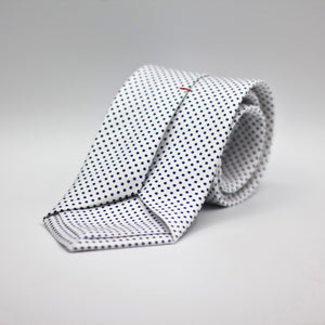 Cruciani &amp; Bella 100% Printed Silk Self-Tipped White, Dark Blue Pindots Tie&nbsp; Handmade in Rome, Italy. 8 cm x 150 cm