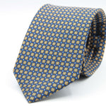 Holliday &amp; Brown for Cruciani &amp; Bella
100% printed Silk
Self Tipped
Navy blue, mustard, light blue and white motif Tie
Handmade in Italy
8 cm x 150 cm
#8963