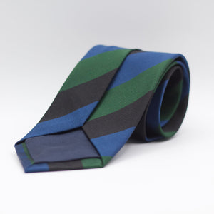 Holliday &amp; Brown 100% Jacquard Silk Tipped "Queen's College Belfast" Regimental Tie Blue, Black and Green Stripes Handmade in Italy 8 cm x 148 cm