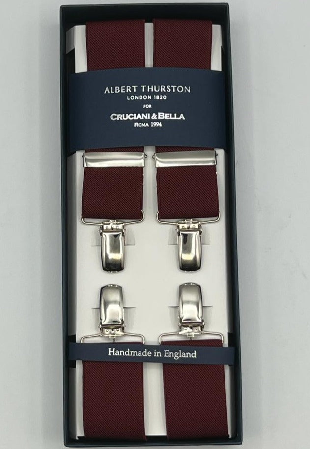 Albert Thurston for Cruciani & Bella Made in England Clip on Adjustable Sizing 35 mm elastic braces Burgundy Plain X-Shaped Nickel Fittings Size: XL