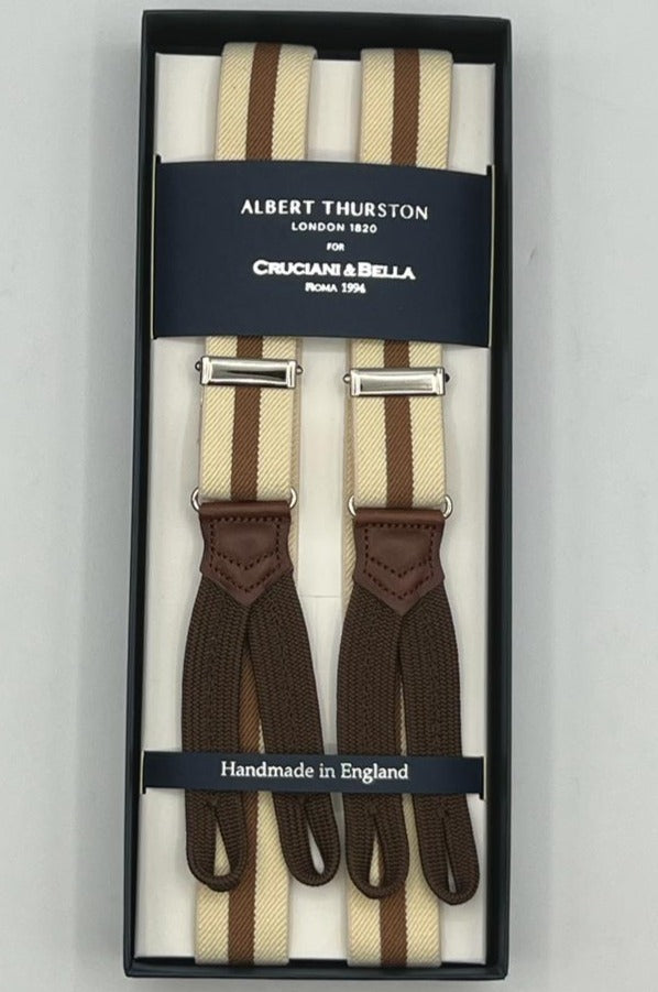 Albert Thurston for Cruciani & Bella Made in England Adjustable Sizing 25 mm elastic braces Beige, Light Brown Stripes Braid ends Y-Shaped Nickel Fittings Size: XL