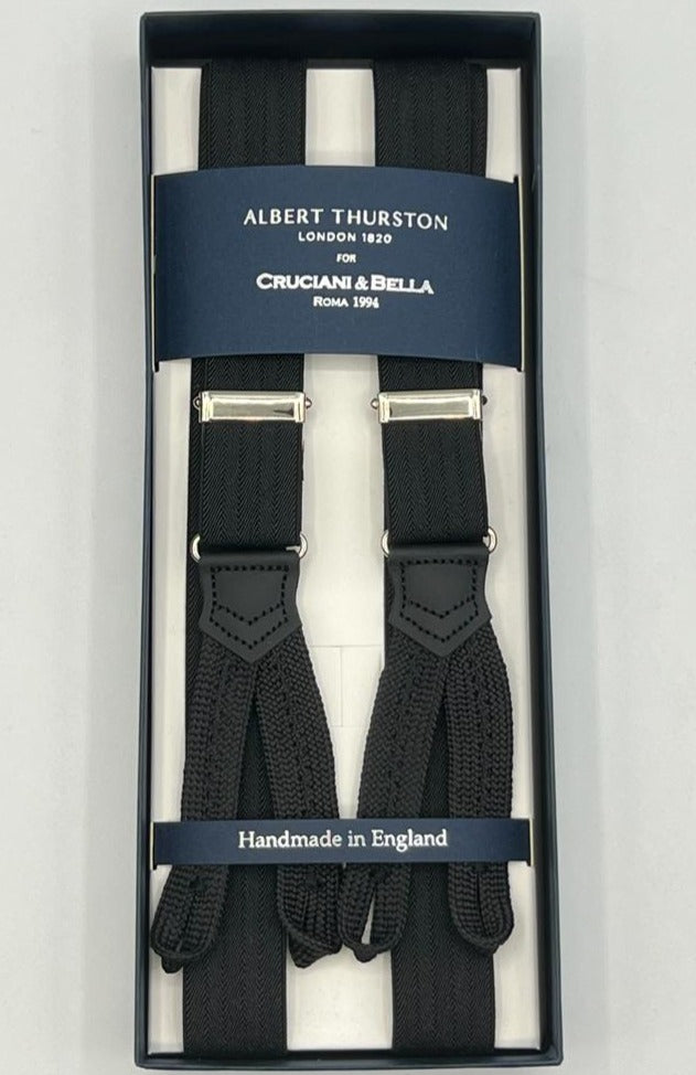 Albert Thurston for Cruciani & Bella Made in England Adjustable Sizing 25 mm elastic braces Black Harringbone Braid ends Y-Shaped Nickel Fittings Size XL