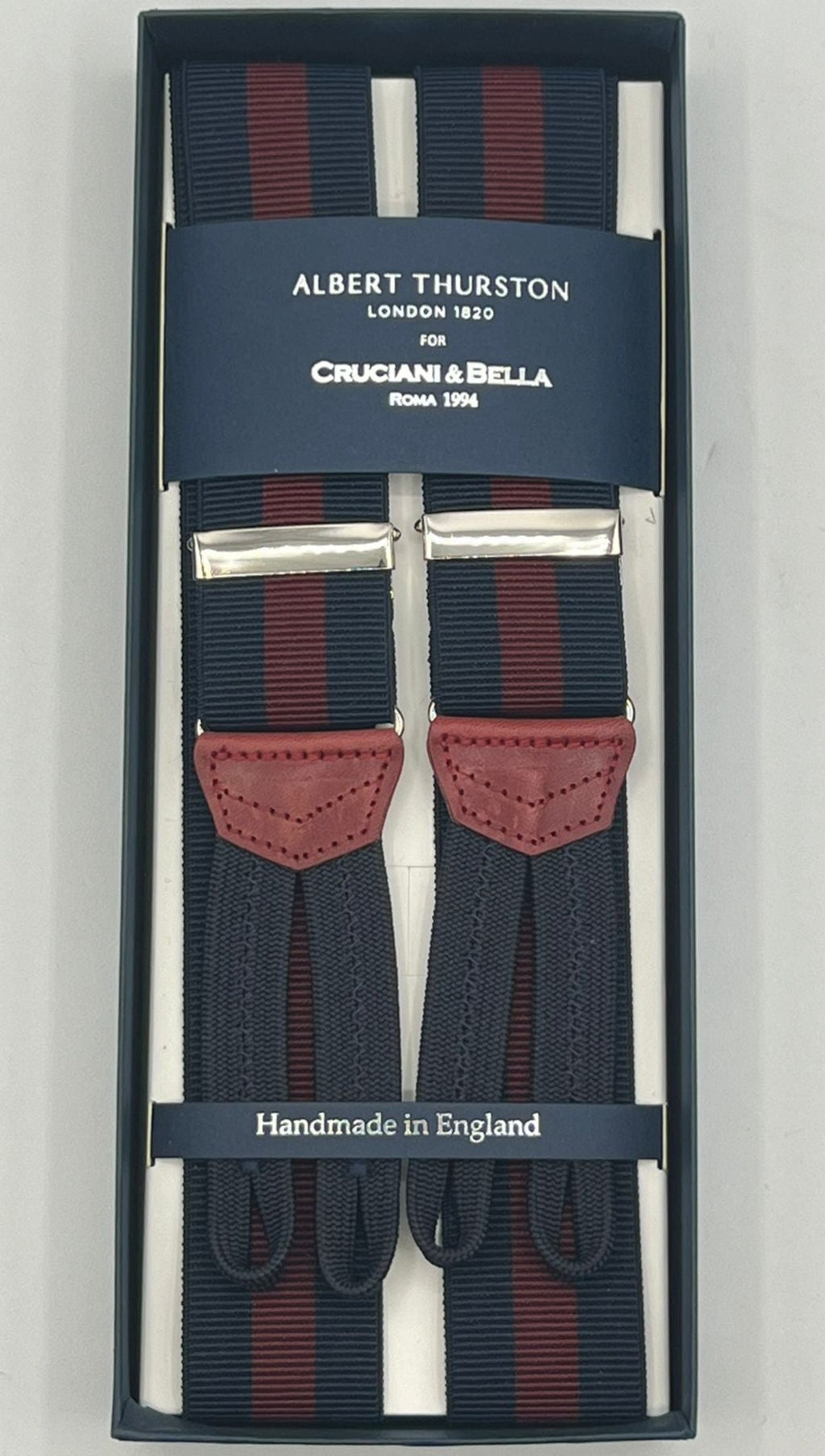 Albert Thurston for Cruciani & Bella Made in England Adjustable Sizing 35 mm Elastic Braces Bleu and Red Stripe Braces Braid ends Y-Shaped Nickel Fittings Size: L