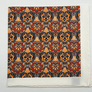 Cruciani & Bella - Silk - Off White, Orange, Rust and Grey Motif Pocket Square #8732