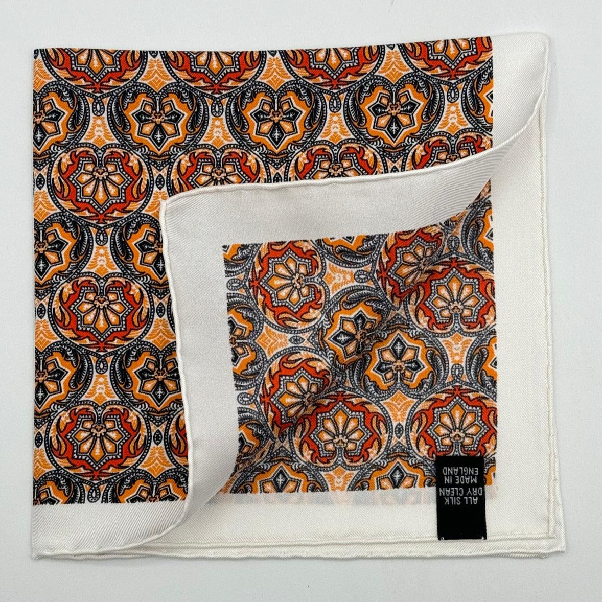 Cruciani & Bella - Silk - Off White, Orange, Rust and Grey Motif Pocket Square #8732