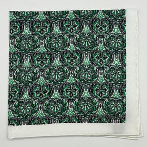 Hand-rolled&nbsp;&nbsp; 100% Silk Green, Light Green, Off White and Grey Patterned&nbsp; Motif&nbsp; Pocket Square Made in England 33 cm X 33 cm