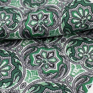 Hand-rolled&nbsp;&nbsp; 100% Silk Green, Light Green, Off White and Grey Patterned&nbsp; Motif&nbsp; Pocket Square Made in England 33 cm X 33 cm