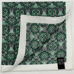 Hand-rolled&nbsp;&nbsp; 100% Silk Green, Light Green, Off White and Grey Patterned&nbsp; Motif&nbsp; Pocket Square Made in England 33 cm X 33 cm