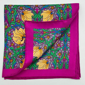 Cruciani &amp; Bella Hand-rolled&nbsp;&nbsp; 100% Silk Magenta, Yellow and Green Patterned&nbsp; Motif&nbsp; Pocket Square Made in England 33 cm X 33 cm