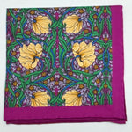 Cruciani &amp; Bella Hand-rolled&nbsp;&nbsp; 100% Silk Magenta, Yellow and Green Patterned&nbsp; Motif&nbsp; Pocket Square Made in England 33 cm X 33 cm