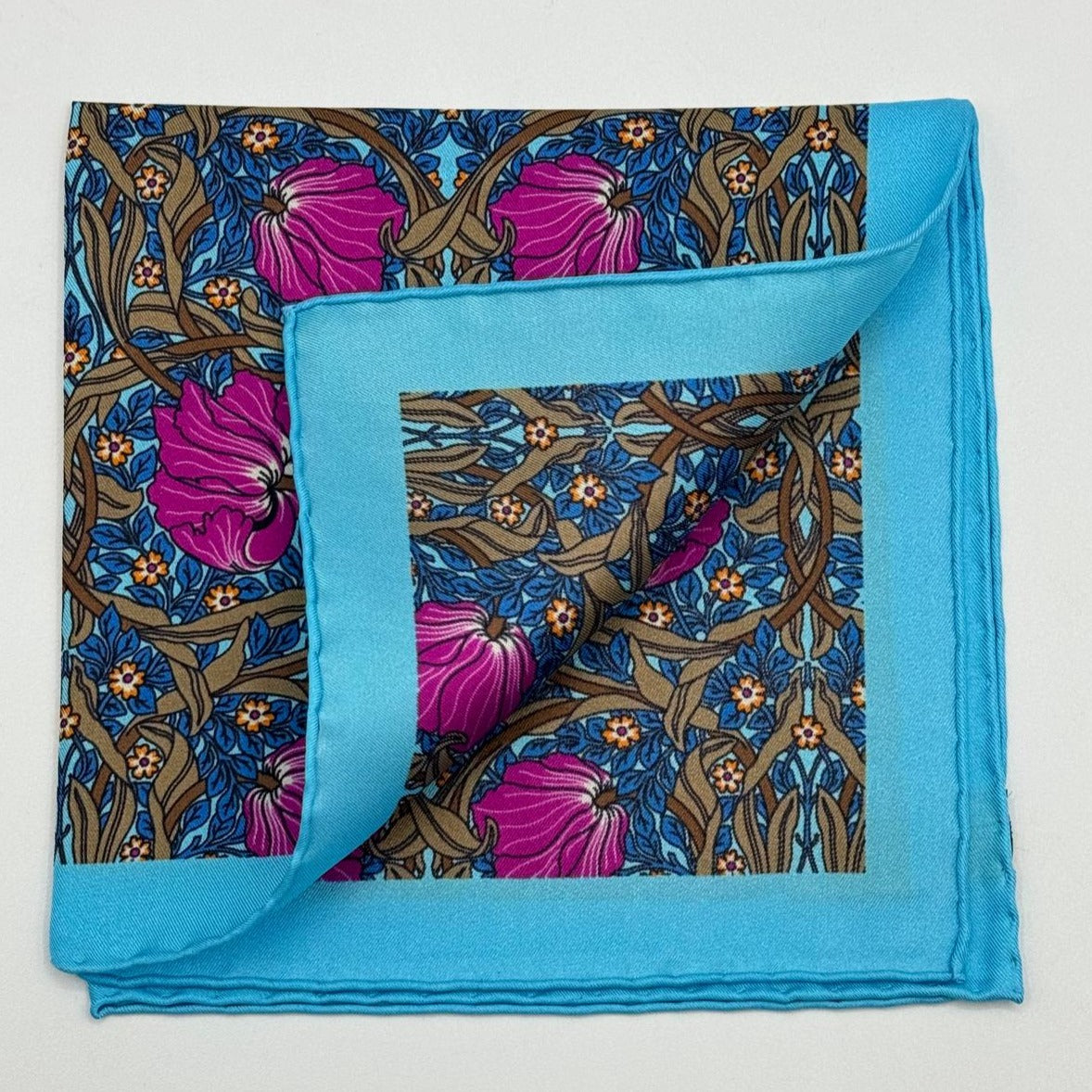 Cruciani & Bella - Silk - Light Blue, Magenta and Brown Motif Pocket Square #8730