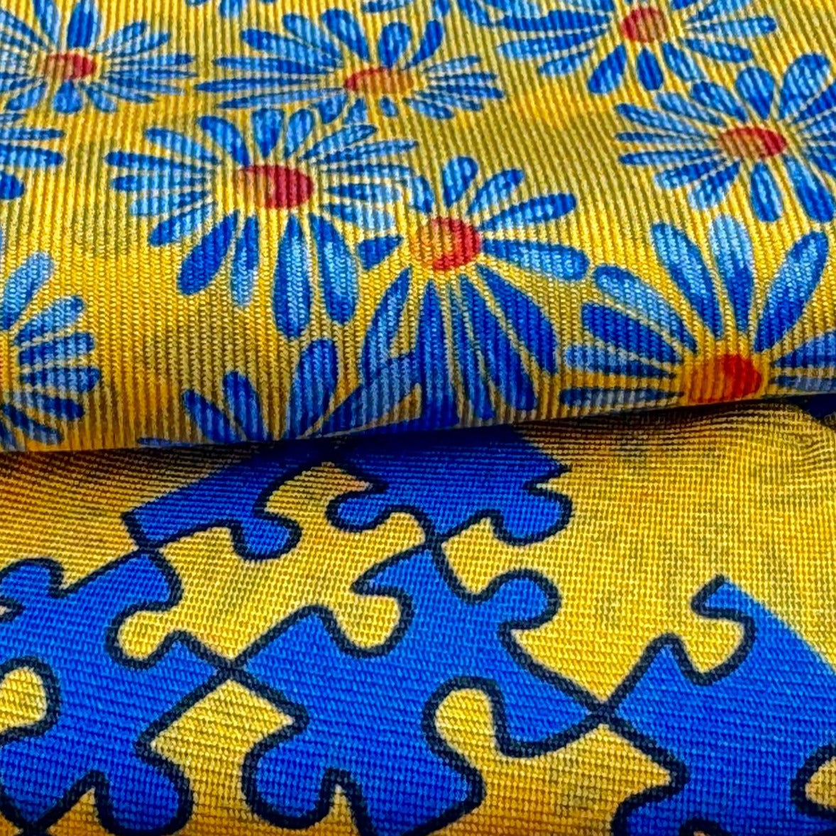 Cruciani &amp; Bella Hand-rolled&nbsp;&nbsp; 100% Silk Yellow and Light Blue Double Faces Puzzle and Floral Motif Pocket Square Made in England 33 cm X 33 cm