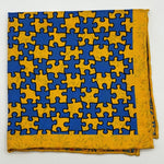 Cruciani &amp; Bella Hand-rolled&nbsp;&nbsp; 100% Silk Yellow and Light Blue Double Faces Puzzle and Floral Motif Pocket Square Made in England 33 cm X 33 cm