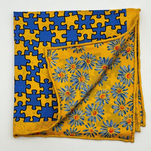 Cruciani &amp; Bella Hand-rolled&nbsp;&nbsp; 100% Silk Yellow and Light Blue Double Faces Puzzle and Floral Motif Pocket Square Made in England 33 cm X 33 cm