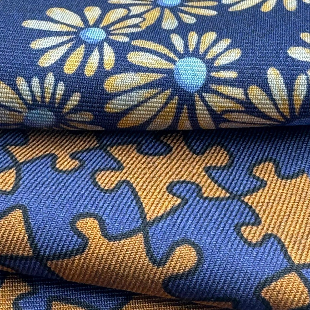 Cruciani &amp; Bella Hand-rolled&nbsp;&nbsp; 100% Silk Blue, Brown, Light Yellow and Light Blue Double Faces Puzzle and Floral Motif Pocket Square Made in England 33 cm X 33 cm