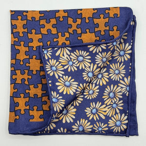 Cruciani &amp; Bella Hand-rolled&nbsp;&nbsp; 100% Silk Blue, Brown, Light Yellow and Light Blue Double Faces Puzzle and Floral Motif Pocket Square Made in England 33 cm X 33 cm