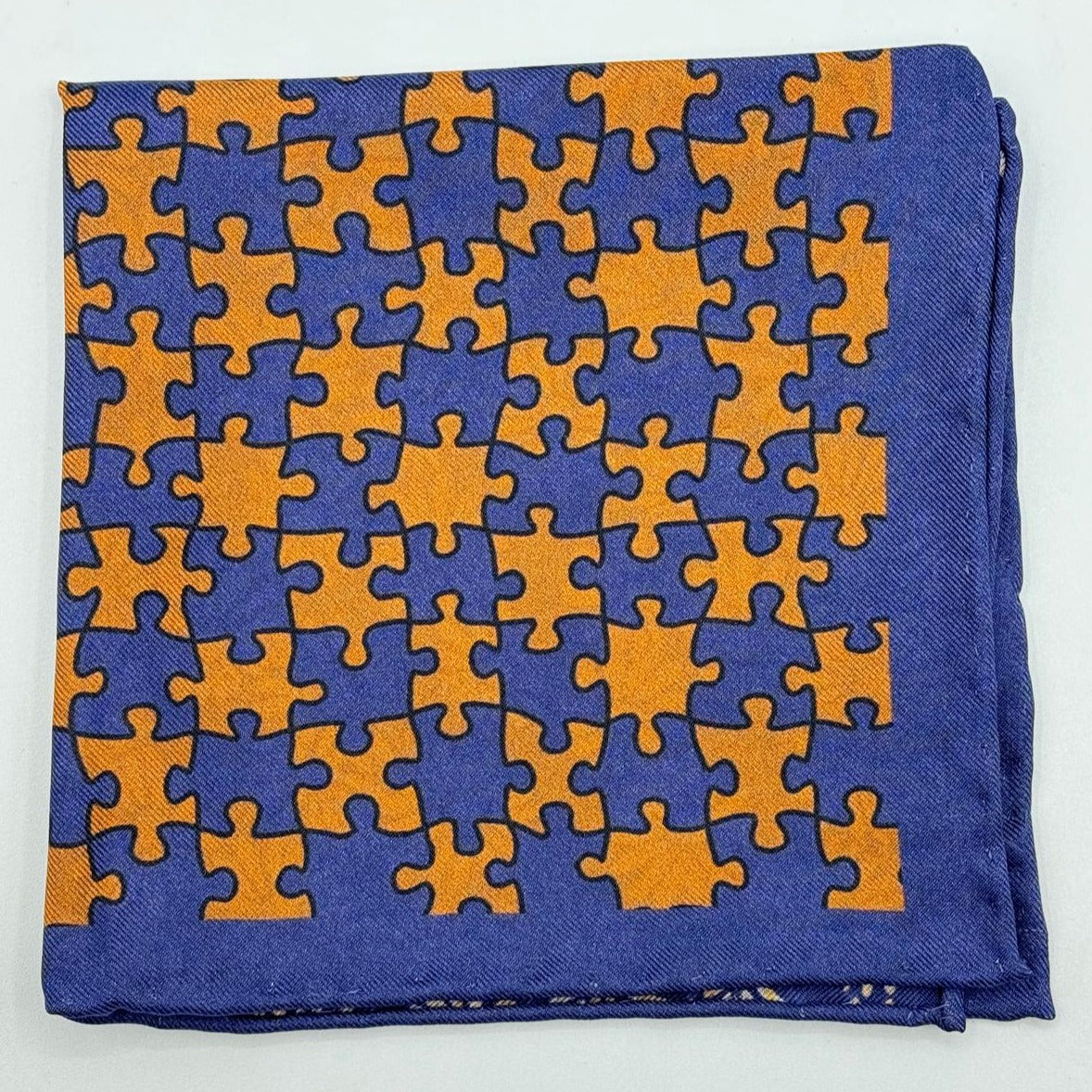 Cruciani &amp; Bella Hand-rolled&nbsp;&nbsp; 100% Silk Blue, Brown, Light Yellow and Light Blue Double Faces Puzzle and Floral Motif Pocket Square Made in England 33 cm X 33 cm