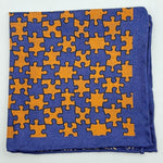 Cruciani &amp; Bella Hand-rolled&nbsp;&nbsp; 100% Silk Blue, Brown, Light Yellow and Light Blue Double Faces Puzzle and Floral Motif Pocket Square Made in England 33 cm X 33 cm