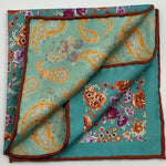 Cruciani &amp; Bella Hand-rolled&nbsp;&nbsp; 100% Silk Light Green, Light Blue, Fucsia, Orange and Lilac Double Faces Paisley and Floral Motif Pocket Square Made in England 33 cm X 33 cm