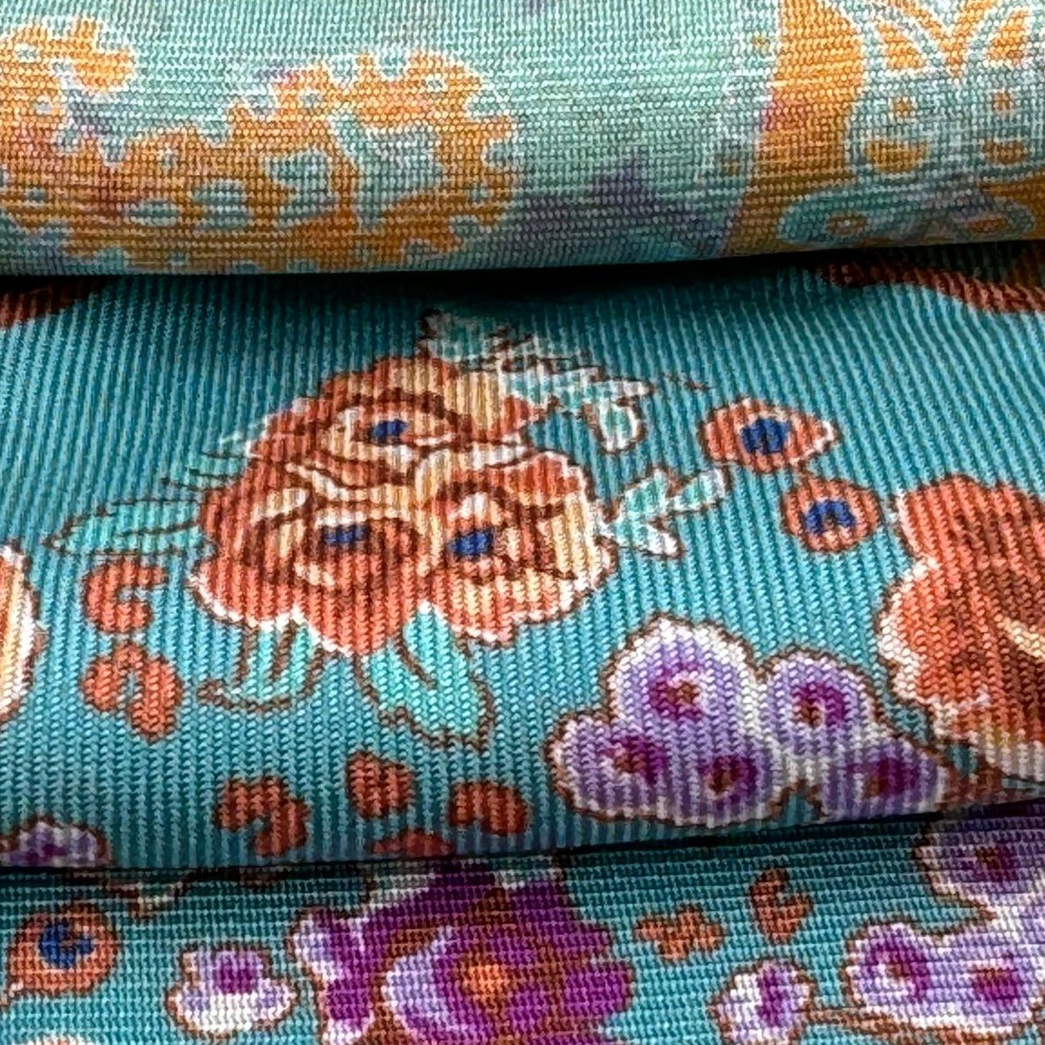 Cruciani &amp; Bella Hand-rolled&nbsp;&nbsp; 100% Silk Light Green, Light Blue, Fucsia, Orange and Lilac Double Faces Paisley and Floral Motif Pocket Square Made in England 33 cm X 33 cm