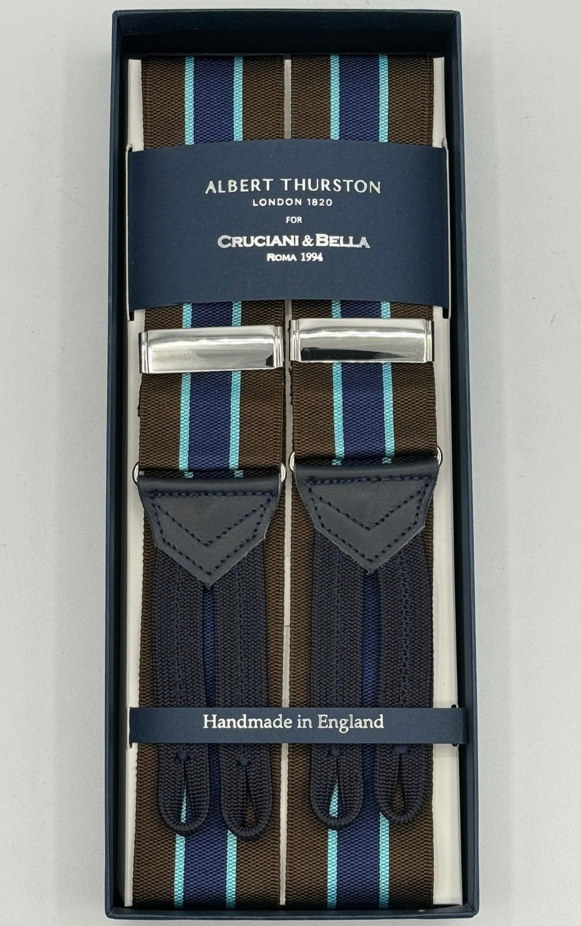 Albert Thurston for Cruciani &amp; Bella Made in England Adjustable Sizing 40 mm Woven Barathea&nbsp; Brown, Blue and Light Blue Stripes&nbsp; Motif&nbsp; Braces Y-Shaped Nickel Fittings Blue Leather Size: MULTIFIT