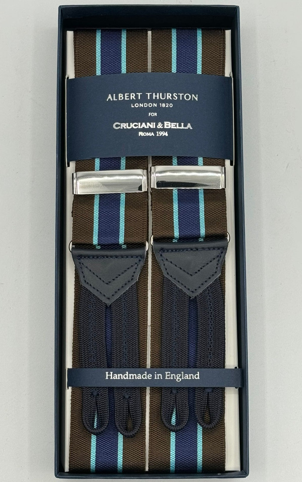 Albert Thurston for Cruciani &amp; Bella Made in England Adjustable Sizing 40 mm Woven Barathea&nbsp; Brown, Blue and Light Blue Stripes&nbsp; Motif&nbsp; Braces Y-Shaped Nickel Fittings Blue Leather Size: MULTIFIT