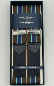 Albert Thurston for Cruciani &amp; Bella Made in England Adjustable Sizing 40 mm Woven Barathea&nbsp; Brown, Blue and Light Blue Stripes&nbsp; Motif&nbsp; Braces Y-Shaped Nickel Fittings Blue Leather Size: MULTIFIT