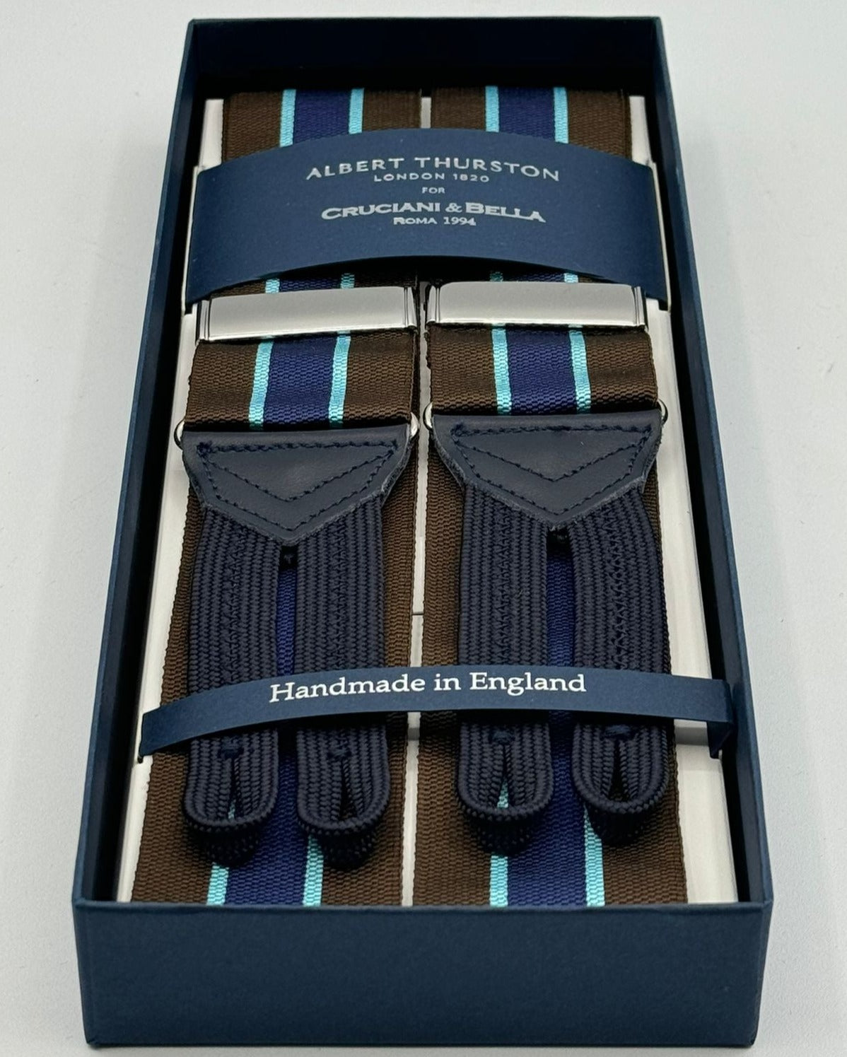 Albert Thurston for Cruciani &amp; Bella Made in England Adjustable Sizing 40 mm Woven Barathea&nbsp; Brown, Blue and Light Blue Stripes&nbsp; Motif&nbsp; Braces Y-Shaped Nickel Fittings Blue Leather Size: MULTIFIT