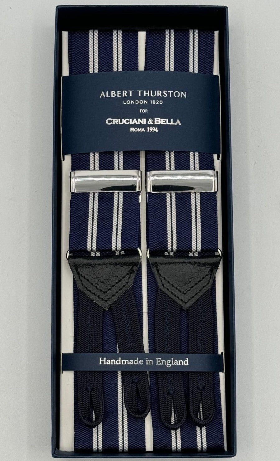 Albert Thurston for Cruciani &amp; Bella Made in England Adjustable Sizing 40 mm Woven Barathea&nbsp; Blue, White Stripes&nbsp; Motif&nbsp;&nbsp; Y-Shaped Nickel Fittings  Size: MULTIFIT