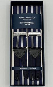 Albert Thurston for Cruciani &amp; Bella Made in England Adjustable Sizing 40 mm Woven Barathea&nbsp; Blue, White Stripes&nbsp; Motif&nbsp;&nbsp; Y-Shaped Nickel Fittings  Size: MULTIFIT