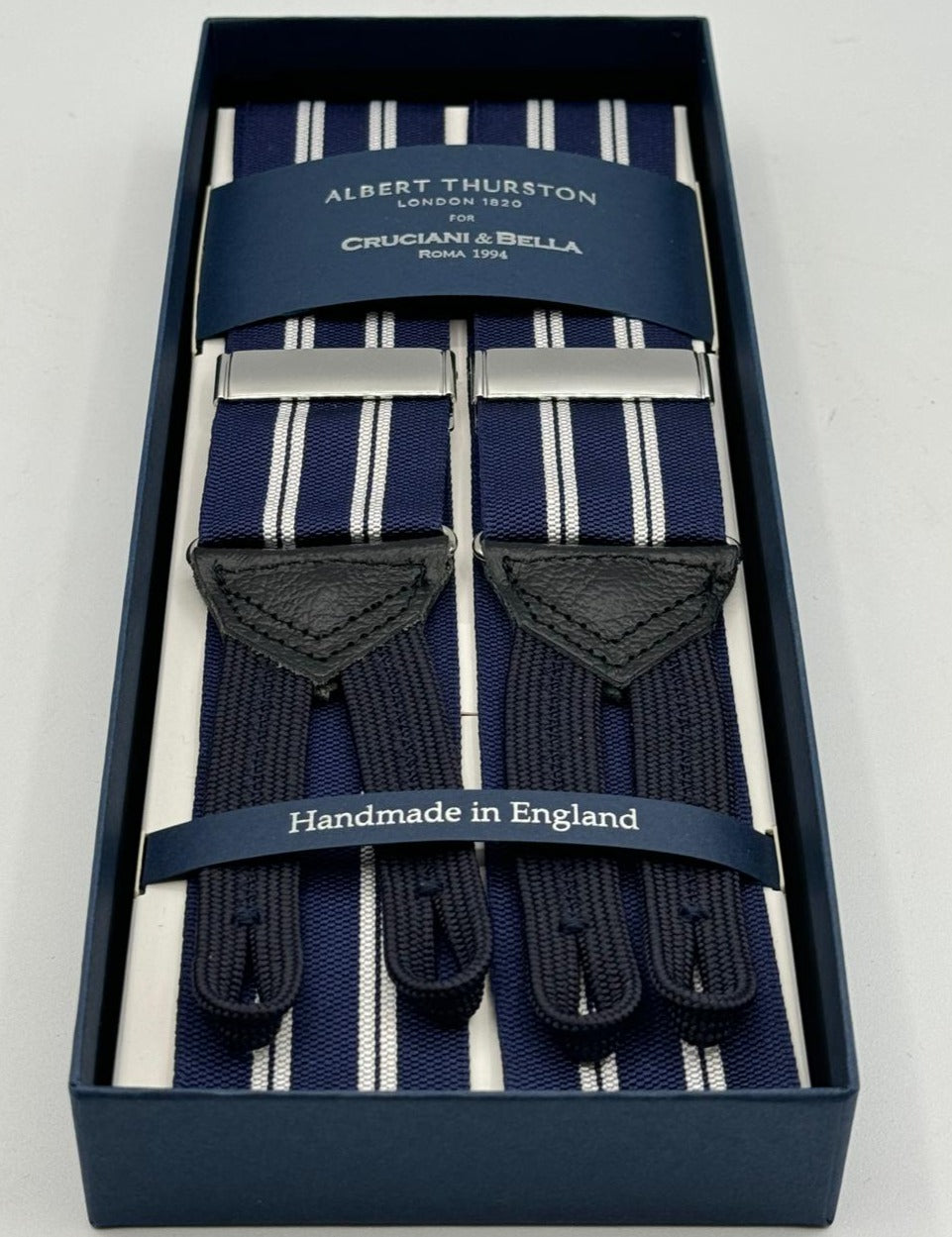 Albert Thurston for Cruciani &amp; Bella Made in England Adjustable Sizing 40 mm Woven Barathea&nbsp; Blue, White Stripes&nbsp; Motif&nbsp;&nbsp; Y-Shaped Nickel Fittings  Size: MULTIFIT